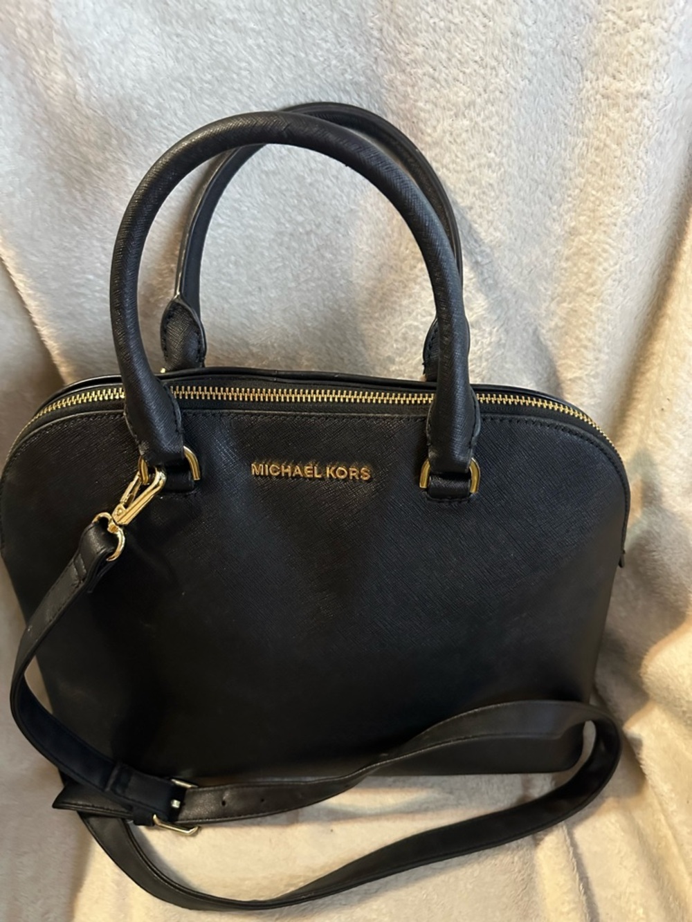 Michael Kors Black Saffiano Leather Dome Satchel with Gold Hardware
